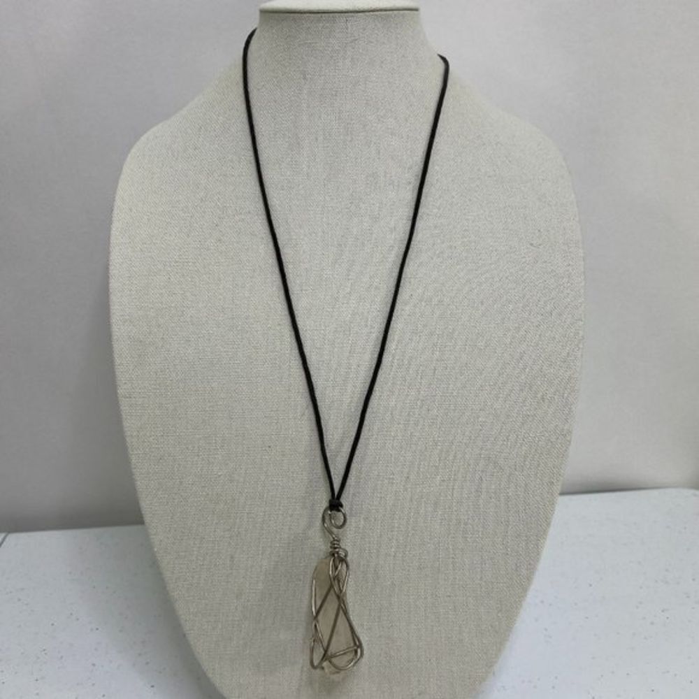 Wire Wrapped Quartz Necklace Black Cord Silver Tone Handmade Clear Gemstone Used